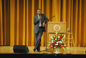 Ben Carson, physician and bestselling author, speaks to an audience of 2000 people at Powers Auditorium. He spoke about what shaped his early life, and the lives he came in contact with through his career. Photo by Liam Bouquet/ The Jambar.