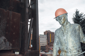 A statute of a steel mill worker outside of the Youngstown Historical Center of Industry and Labor. An exhibit on disasters in the Mahoning Valley began on Oct. 23 and includes information on Black Monday, when thousands of steel workers in the Valley were laid off. Photo by Frank George/ The Jambar. 