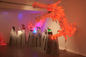 Brian Gigliotti’s exhibit (above) features sculptures based off of the Chinese zodiac. Gigliotti employed different sculpting methods to create each animal sculpture in the display. Photo by Liam Bouquet/The Jambar.