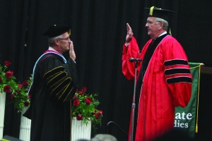 University president Jim Tressel was officially sworn in as Youngstown State University's ninth president at an installation ceremony held in Beeghly Center on Monday. Photo by Dustin Livesay/The Jambar.