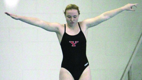 Freshman diver McKenzie Stelter prepares to jump during YSU's meet against Niagara University. Stelter finished first in the one-meter and three-meter dives. Photo courtesy of sports information. 