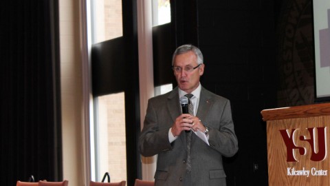 President Jim Tressel welcomes multicultural high school students to YSU’s campus. iExcel introduced prospective students to what YSU has to offer. photo by Frank George/The Jambar.