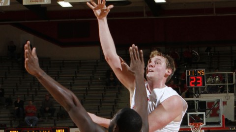 Bobby Hain attempts a hook shot over NKU forward Jalen Billups (21) during YSU's 78-74 victory at the Beeghly Center.