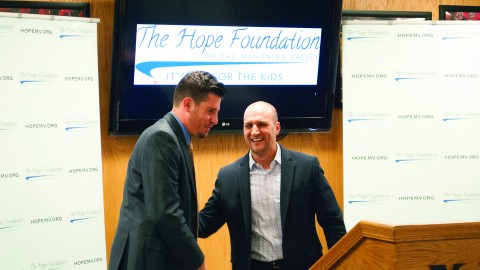 Ohio State Senator Joe Schiavoni shakes hands with Anthony Spano, the founder of the Hope Foundation, at the press conference on Nov. 20, where the Hope Foundation presented several grants to various local nonprofits. Photo by Liam Bouquet/ The Jambar. 