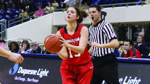 Sophomore forward Kelsea Newman (13) attempts a 3-point shot during the Penguins 78-52 loss to the University of Pittsburgh at the Petersen Events Center. Newman is shooting 41.3 percent from behind the 3-point line. Photo courtesy of Sports Information.