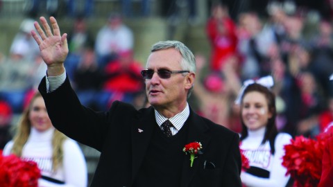 Youngstown State University President Jim Tressel was honored during halftime of the homecoming football game on Nov. 16, 2013. Photo courtesy of Dustin Livesay. 