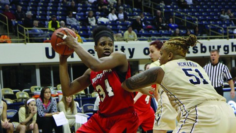 Forward Latisha Walker (34) prepares to engage Pittsburgh center Cora McManus during YSU’s Dec. 21 game at the Petersen Events Center in Pittsburgh. Walker finished the game with 15 points and 12 rebounds. Photo courtesy of Ron Stevens.