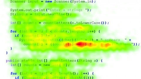 YSU students participated in a study that uses a remote eye tracker to track eye movement using infrared light. The image shows a Java program with a student's eye gaze placed on a heat map to show where he or she looked when viewing source code. Photo courtesy of Bonita Sharif. 