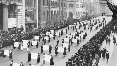 Women march in New York City in 1917 in support of women's suffrage. Public Domain photo. 