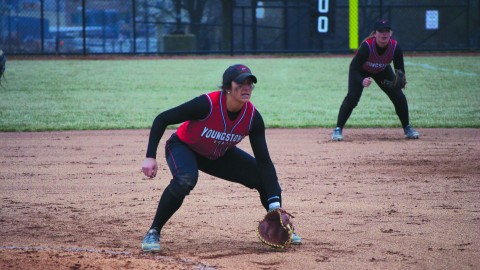 Youngstown State University first baseman Miranda Castiglione has the second-highest batting average on the softball team; .353. Castiglione's 29 stolen bases ranks third in YSU softball history. Photo by Dan Hiner/ The Jambar. 