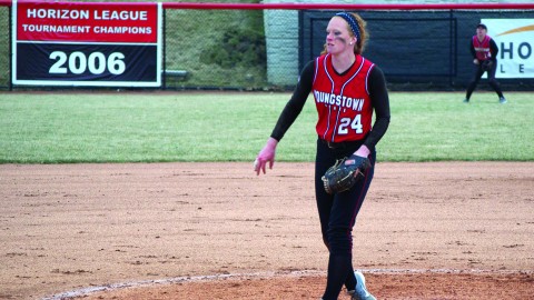 Youngstown State University pitcher Kayla Haslett threw complete game — allowing six hits and one run. With the win, Haslett’s record improved to 3-5. She also started the first game of the double header — she finished with a no decision. Photo by Dan Hiner/ The Jambar. 