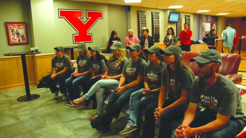 The Youngstown State University women’s golf team watched the selection show on Monday night at the Beeghly Center to find out where they will be placed in the NCAA regional tournament. The women’s golf team won the Horizon League tournament for the first time since 2009. Photo by Dan Hiner/The Jambar.