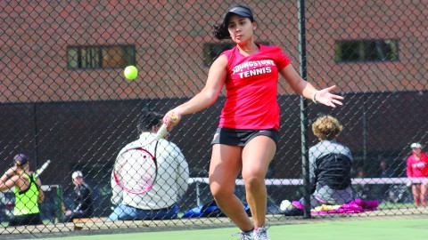 The Youngstown State University women's tennis team won its first regular season title after defeat Vaparariso University 6-1 on April 19. The Penguins have clinched the top seed in the Horizon League tournament. Photo courtesy of YSU Sports Information. 