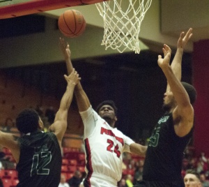 Youngstown State University guard Cameron Morse scores on a layup to extend YSU's lead to 56-48 in the second half.