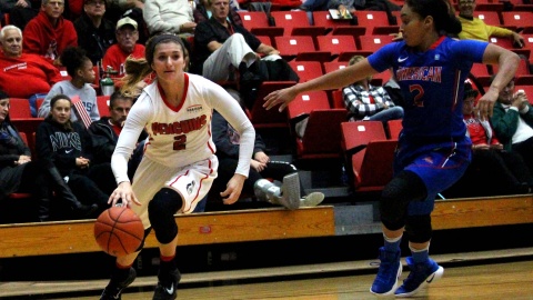 Youngstown State University guard Alison Smolinski drives around a defender on the way to the basket.