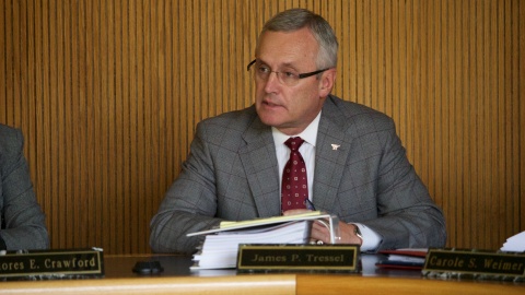 YSU President Jim Tressel speaks at a Board of Trustees meeting earlier this year. Photo by Justin Wier / The Jambar